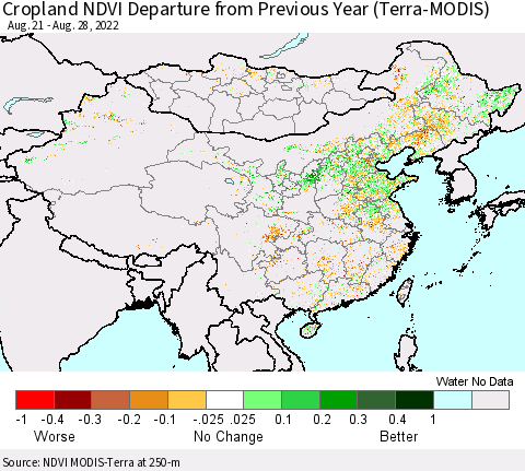 China, Mongolia and Taiwan Cropland NDVI Departure from Previous Year (Terra-MODIS) Thematic Map For 8/21/2022 - 8/28/2022