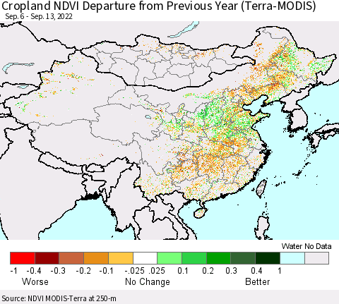 China, Mongolia and Taiwan Cropland NDVI Departure from Previous Year (Terra-MODIS) Thematic Map For 9/6/2022 - 9/13/2022