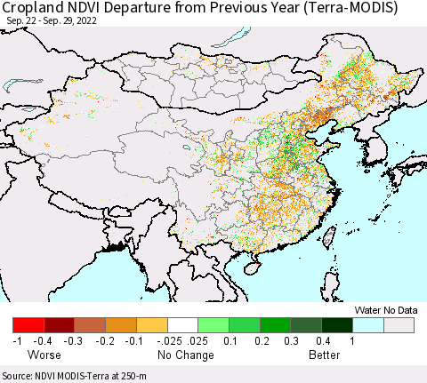 China, Mongolia and Taiwan Cropland NDVI Departure from Previous Year (Terra-MODIS) Thematic Map For 9/22/2022 - 9/29/2022