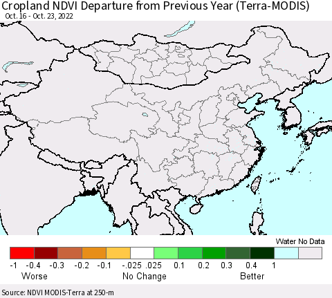 China, Mongolia and Taiwan Cropland NDVI Departure from Previous Year (Terra-MODIS) Thematic Map For 10/16/2022 - 10/23/2022