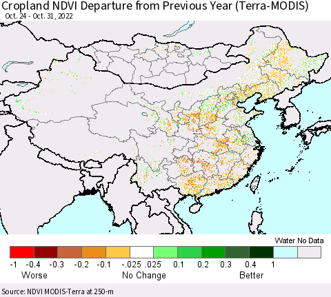 China, Mongolia and Taiwan Cropland NDVI Departure from Previous Year (Terra-MODIS) Thematic Map For 10/24/2022 - 10/31/2022