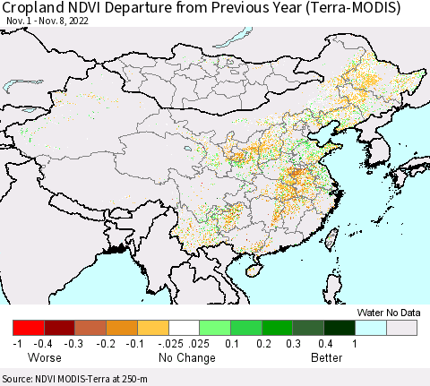 China, Mongolia and Taiwan Cropland NDVI Departure from Previous Year (Terra-MODIS) Thematic Map For 11/1/2022 - 11/8/2022