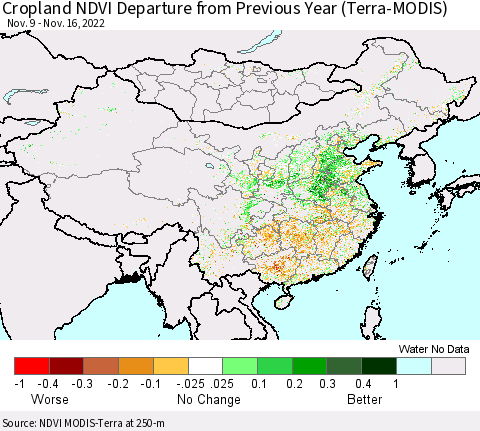 China, Mongolia and Taiwan Cropland NDVI Departure from Previous Year (Terra-MODIS) Thematic Map For 11/9/2022 - 11/16/2022