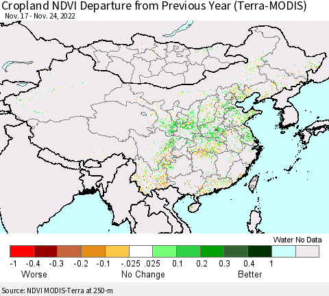 China, Mongolia and Taiwan Cropland NDVI Departure from Previous Year (Terra-MODIS) Thematic Map For 11/17/2022 - 11/24/2022