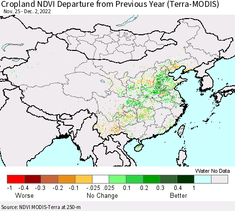 China, Mongolia and Taiwan Cropland NDVI Departure from Previous Year (Terra-MODIS) Thematic Map For 11/25/2022 - 12/2/2022
