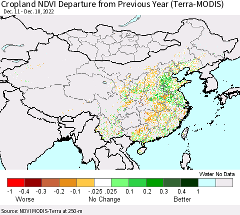 China, Mongolia and Taiwan Cropland NDVI Departure from Previous Year (Terra-MODIS) Thematic Map For 12/11/2022 - 12/18/2022