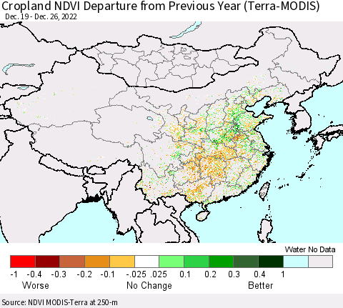 China, Mongolia and Taiwan Cropland NDVI Departure from Previous Year (Terra-MODIS) Thematic Map For 12/19/2022 - 12/26/2022