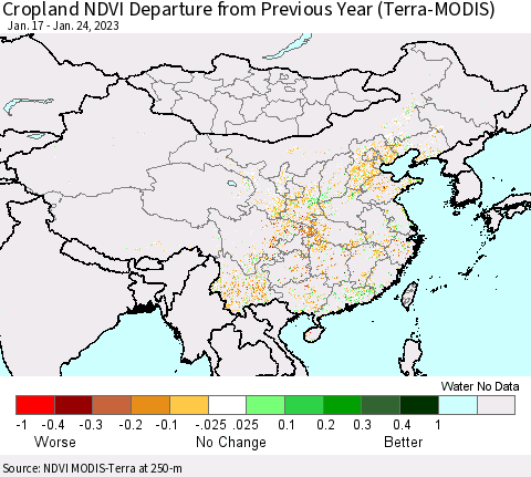 China, Mongolia and Taiwan Cropland NDVI Departure from Previous Year (Terra-MODIS) Thematic Map For 1/17/2023 - 1/24/2023