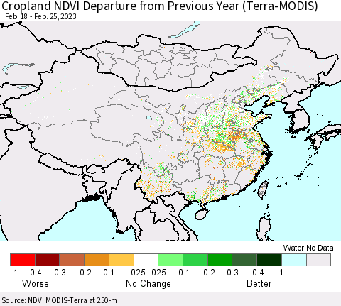 China, Mongolia and Taiwan Cropland NDVI Departure from Previous Year (Terra-MODIS) Thematic Map For 2/18/2023 - 2/25/2023