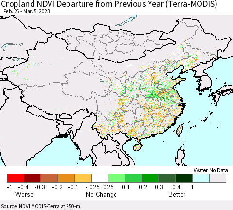 China, Mongolia and Taiwan Cropland NDVI Departure from Previous Year (Terra-MODIS) Thematic Map For 2/26/2023 - 3/5/2023