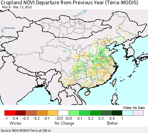 China, Mongolia and Taiwan Cropland NDVI Departure from Previous Year (Terra-MODIS) Thematic Map For 3/6/2023 - 3/13/2023