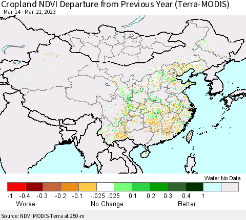 China, Mongolia and Taiwan Cropland NDVI Departure from Previous Year (Terra-MODIS) Thematic Map For 3/14/2023 - 3/21/2023