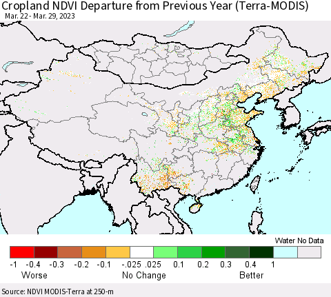 China, Mongolia and Taiwan Cropland NDVI Departure from Previous Year (Terra-MODIS) Thematic Map For 3/22/2023 - 3/29/2023