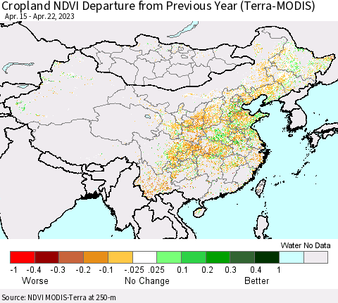 China, Mongolia and Taiwan Cropland NDVI Departure from Previous Year (Terra-MODIS) Thematic Map For 4/15/2023 - 4/22/2023