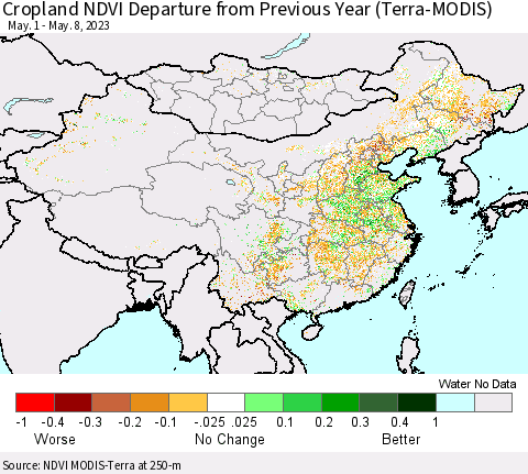 China, Mongolia and Taiwan Cropland NDVI Departure from Previous Year (Terra-MODIS) Thematic Map For 5/1/2023 - 5/8/2023