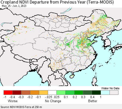 China, Mongolia and Taiwan Cropland NDVI Departure from Previous Year (Terra-MODIS) Thematic Map For 5/25/2023 - 6/1/2023