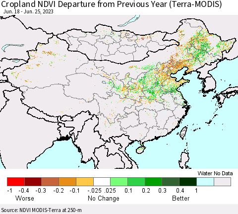 China, Mongolia and Taiwan Cropland NDVI Departure from Previous Year (Terra-MODIS) Thematic Map For 6/18/2023 - 6/25/2023