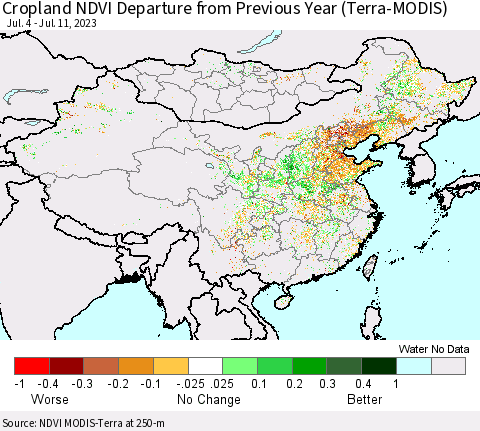 China, Mongolia and Taiwan Cropland NDVI Departure from Previous Year (Terra-MODIS) Thematic Map For 7/4/2023 - 7/11/2023