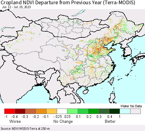 China, Mongolia and Taiwan Cropland NDVI Departure from Previous Year (Terra-MODIS) Thematic Map For 7/12/2023 - 7/19/2023