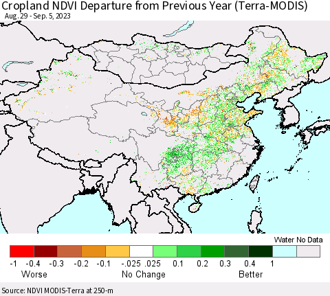 China, Mongolia and Taiwan Cropland NDVI Departure from Previous Year (Terra-MODIS) Thematic Map For 8/29/2023 - 9/5/2023