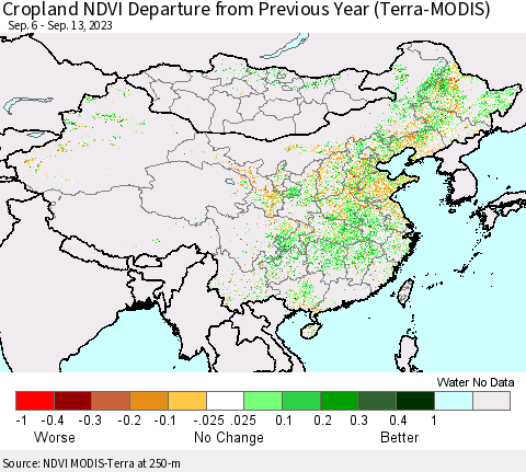 China, Mongolia and Taiwan Cropland NDVI Departure from Previous Year (Terra-MODIS) Thematic Map For 9/6/2023 - 9/13/2023