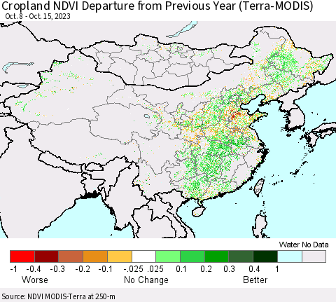 China, Mongolia and Taiwan Cropland NDVI Departure from Previous Year (Terra-MODIS) Thematic Map For 10/8/2023 - 10/15/2023