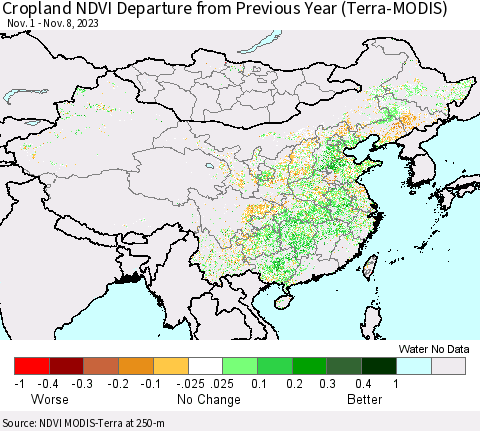 China, Mongolia and Taiwan Cropland NDVI Departure from Previous Year (Terra-MODIS) Thematic Map For 11/1/2023 - 11/8/2023