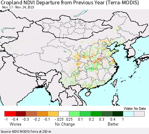 China, Mongolia and Taiwan Cropland NDVI Departure from Previous Year (Terra-MODIS) Thematic Map For 11/17/2023 - 11/24/2023