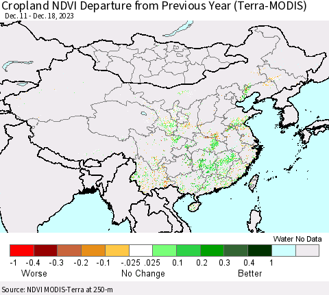 China, Mongolia and Taiwan Cropland NDVI Departure from Previous Year (Terra-MODIS) Thematic Map For 12/11/2023 - 12/18/2023