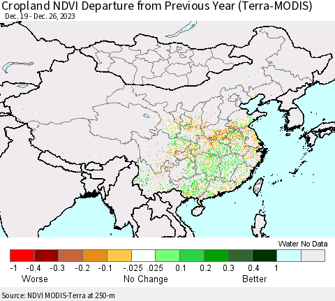 China, Mongolia and Taiwan Cropland NDVI Departure from Previous Year (Terra-MODIS) Thematic Map For 12/19/2023 - 12/26/2023