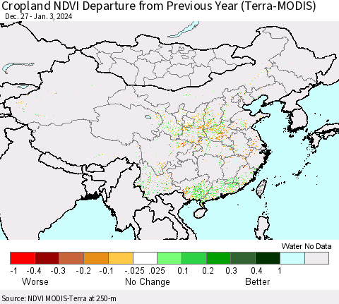 China, Mongolia and Taiwan Cropland NDVI Departure from Previous Year (Terra-MODIS) Thematic Map For 12/27/2023 - 1/3/2024