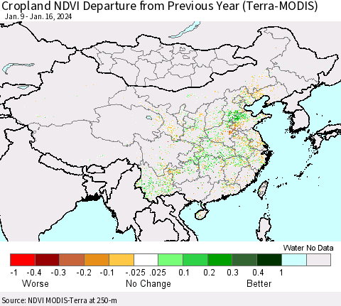 China, Mongolia and Taiwan Cropland NDVI Departure from Previous Year (Terra-MODIS) Thematic Map For 1/9/2024 - 1/16/2024