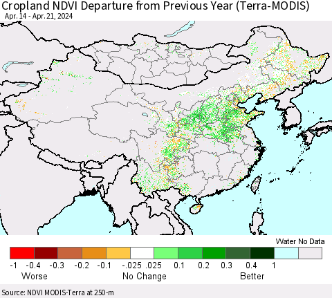 China, Mongolia and Taiwan Cropland NDVI Departure from Previous Year (Terra-MODIS) Thematic Map For 4/14/2024 - 4/21/2024