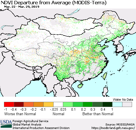 China and Taiwan NDVI Departure from Average (Terra-MODIS) Thematic Map For 3/21/2019 - 3/31/2019