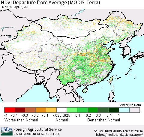 China and Taiwan NDVI Departure from Average (Terra-MODIS) Thematic Map For 4/1/2019 - 4/10/2019