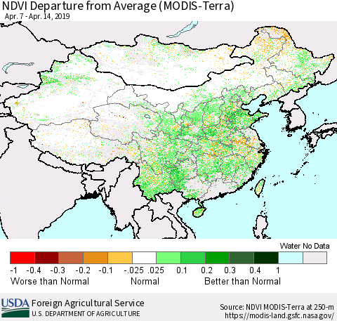 China and Taiwan NDVI Departure from Average (Terra-MODIS) Thematic Map For 4/11/2019 - 4/20/2019