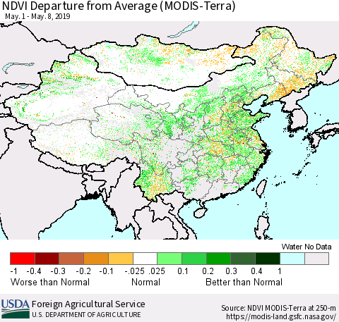 China and Taiwan NDVI Departure from Average (Terra-MODIS) Thematic Map For 5/1/2019 - 5/10/2019