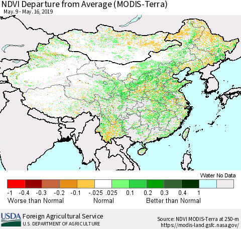 China and Taiwan NDVI Departure from Average (Terra-MODIS) Thematic Map For 5/11/2019 - 5/20/2019