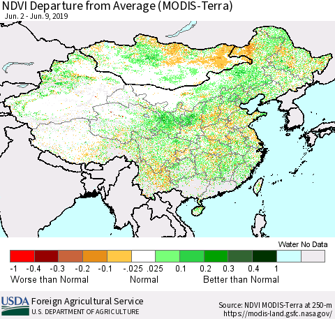 China and Taiwan NDVI Departure from Average (Terra-MODIS) Thematic Map For 6/1/2019 - 6/10/2019