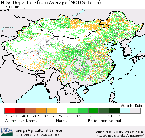 China and Taiwan NDVI Departure from Average (Terra-MODIS) Thematic Map For 6/11/2019 - 6/20/2019
