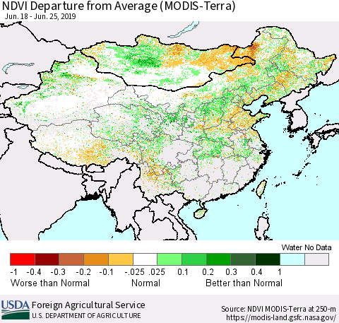 China and Taiwan NDVI Departure from Average (Terra-MODIS) Thematic Map For 6/21/2019 - 6/30/2019
