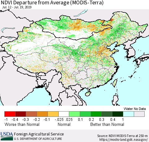 China and Taiwan NDVI Departure from Average (Terra-MODIS) Thematic Map For 7/11/2019 - 7/20/2019