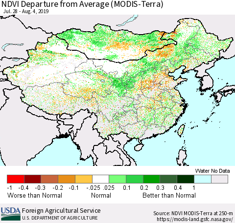 China and Taiwan NDVI Departure from Average (Terra-MODIS) Thematic Map For 8/1/2019 - 8/10/2019