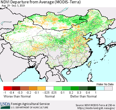 China and Taiwan NDVI Departure from Average (Terra-MODIS) Thematic Map For 9/1/2019 - 9/10/2019