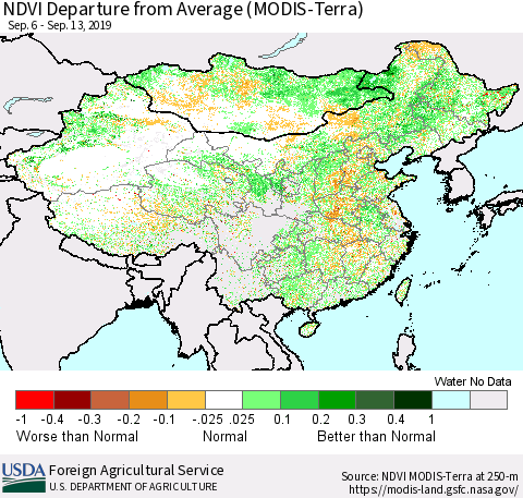 China and Taiwan NDVI Departure from Average (Terra-MODIS) Thematic Map For 9/11/2019 - 9/20/2019