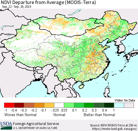 China and Taiwan NDVI Departure from Average (Terra-MODIS) Thematic Map For 9/21/2019 - 9/30/2019