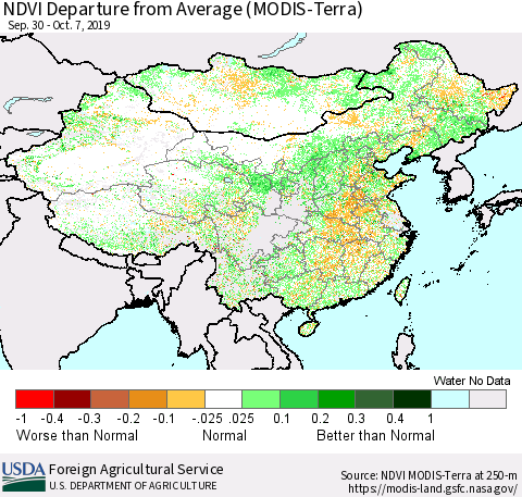 China and Taiwan NDVI Departure from Average (Terra-MODIS) Thematic Map For 10/1/2019 - 10/10/2019