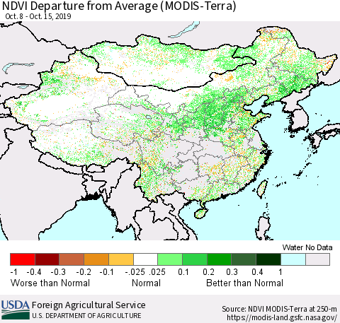 China, Mongolia and Taiwan NDVI Departure from Average (Terra-MODIS) Thematic Map For 10/11/2019 - 10/20/2019