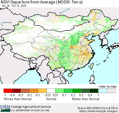China and Taiwan NDVI Departure from Average (Terra-MODIS) Thematic Map For 10/21/2019 - 10/31/2019