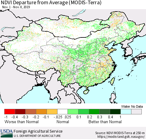 China, Mongolia and Taiwan NDVI Departure from Average (Terra-MODIS) Thematic Map For 11/1/2019 - 11/10/2019